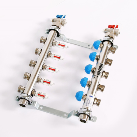 Коллекторная группа из нержавеющей стали с термостатическими вентилями и расходомерами REHAU 1x3/4 5 выходов