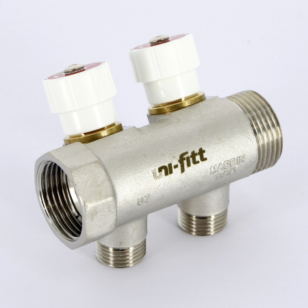 Коллектор НВ 1 с вентилями никелированный UNI-FITT 2 выхода 1/2Н 40мм под плоскую прокладку