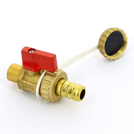 Кран шаровой сливной UNI-FITT НН 3/8 x 3/4 со штуцером и заглушкой, флажок красный металл
