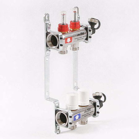 Коллекторная группа из нержавеющей стали с термостатическими вентилями и расходомерами UNI-FITT 1x3/4ЕК 2 выхода