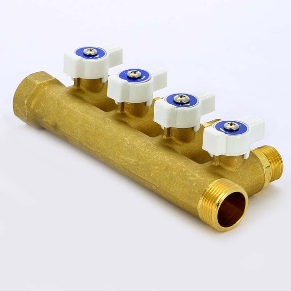 Коллектор НВ 3/4 с кранами UNI-FITT 4 выхода 1/2Н 40мм