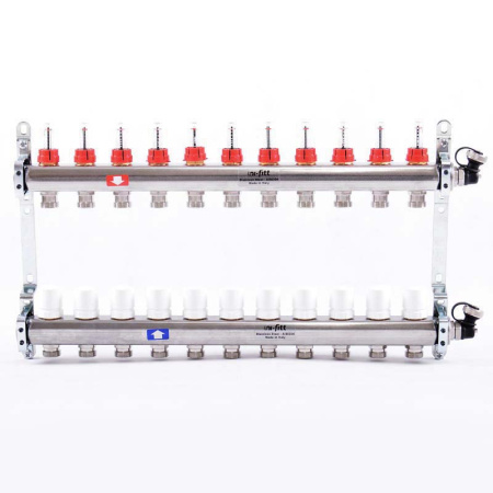 Коллекторная группа из нержавеющей стали с термостатическими вентилями и расходомерами UNI-FITT 1x3/4ЕК 11 выходов