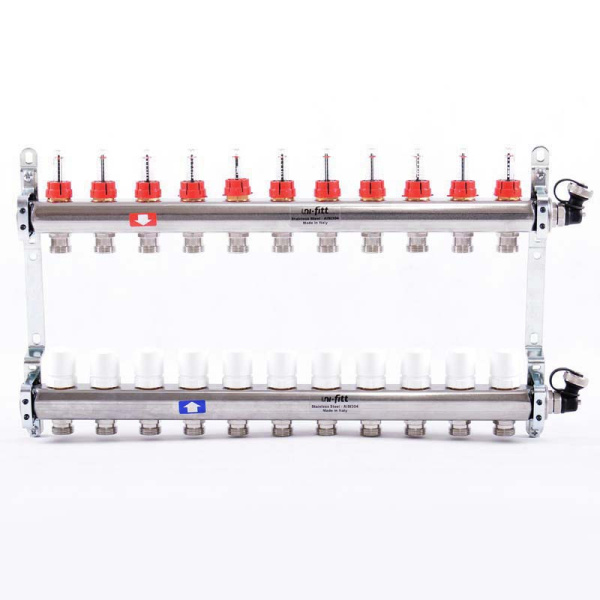 Коллекторная группа из нержавеющей стали с термостатическими вентилями и расходомерами UNI-FITT 1x3/4ЕК 11 выходов