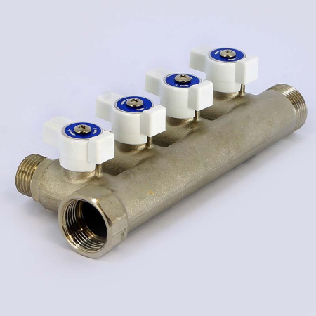 Коллектор НВ 3/4 с кранами никелированный UNI-FITT 4 выхода 1/2Н 40мм