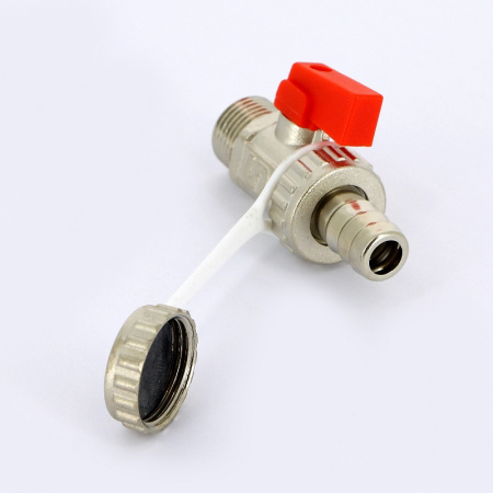 Кран шаровой сливной UNI-FITT НН 1/2 x 3/4 никелированный со штуцером, с заглушкой, флажок красный пластик