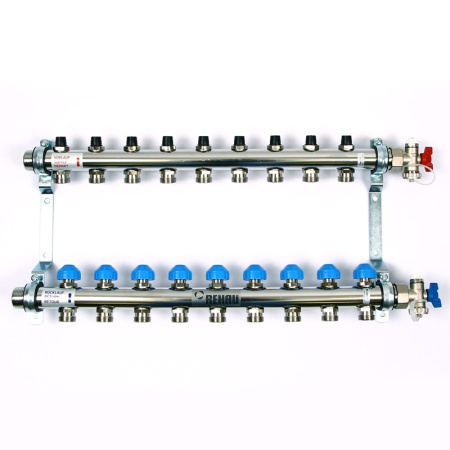 Коллекторная группа из нержавеющей стали с регулир. и термостатическими вентилями и расходомерами REHAU 1x3/4ЕК 9 выходов