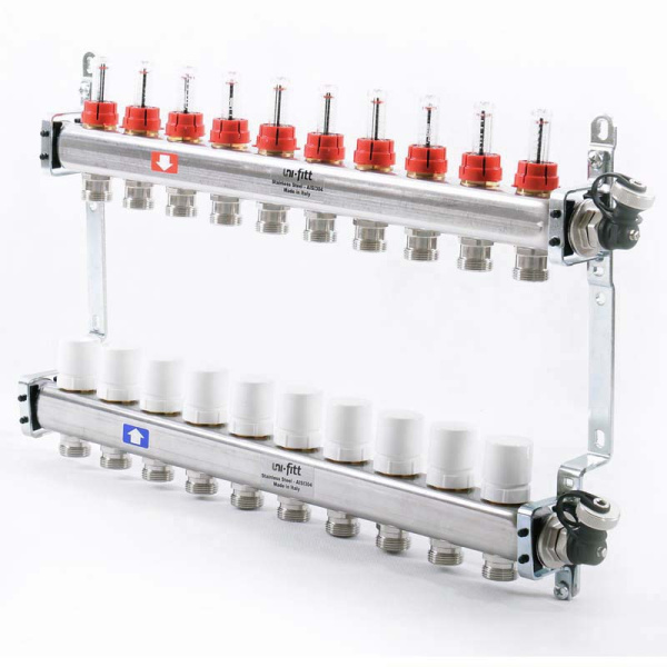 Коллекторная группа из нержавеющей стали с термостатическими вентилями и расходомерами UNI-FITT 1x3/4ЕК 10 выходов Коллекторная группа из нержавеющей стали с термостатическими вентилями и расходомерами UNI-FITT 1x3/4ЕК 10 выходов