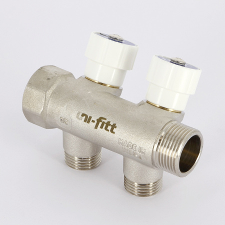 Коллектор НВ 3/4 с вентилями никелированный UNI-FITT 2 выхода 1/2Н 40мм под плоскую прокладку