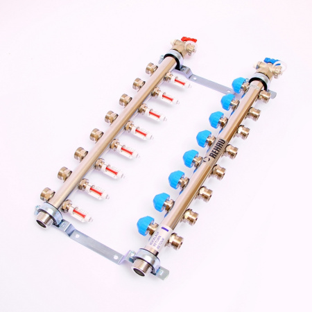 Коллекторная группа из нержавеющей стали с термостатическими вентилями и расходомерами REHAU 1x3/4 8 выходов
