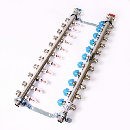 Коллекторная группа из нержавеющей стали с термостатическими вентилями и расходомерами REHAU 1x3/4ЕК 11 выходов