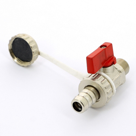 Кран шаровой сливной UNI-FITT НН 3/8 x 3/4 со штуцером и заглушкой, флажок красный металл, никелированный