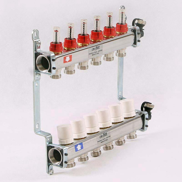 Коллекторная группа из нержавеющей стали с термостатическими вентилями и расходомерами UNI-FITT 1x3/4ЕК 6 выходов Коллекторная группа из нержавеющей стали с термостатическими вентилями и расходомерами UNI-FITT 1x3/4ЕК 6 выходов