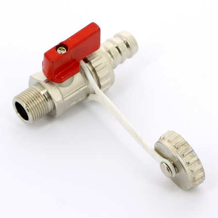 Кран шаровой сливной UNI-FITT НН 3/8 x 3/4 со штуцером и заглушкой, флажок красный металл, никелированный