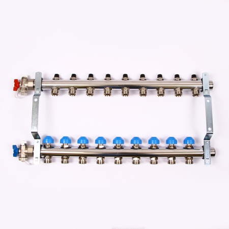 Коллекторная группа из нержавеющей стали с регулир. и термостатическими вентилями и расходомерами REHAU 1x3/4ЕК 9 выходов