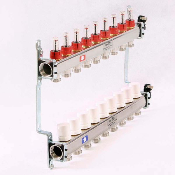 Коллекторная группа из нержавеющей стали с термостатическими вентилями и расходомерами UNI-FITT 1x3/4ЕК 9 выходов Коллекторная группа из нержавеющей стали с термостатическими вентилями и расходомерами UNI-FITT 1x3/4ЕК 9 выходов