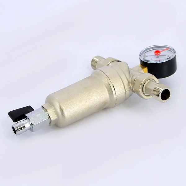 Фильтр промывной с манометром, с разъемными соединениями, латунной колбой TIEMME 1/2