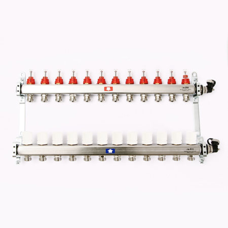 Коллекторная группа из нержавеющей стали с термостатическими вентилями и расходомерами UNI-FITT 1x3/4ЕК 12 выходов