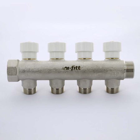 Коллектор НВ 3/4 с вентилями никелированный UNI-FITT 4 выхода 1/2Н 40мм