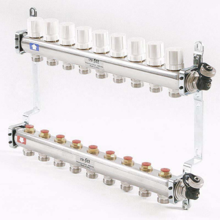Коллекторная группа из нержавеющей стали с регулировочными и термостатическими вентилями UNI-FITT 1x3/4ЕК 9 выходов