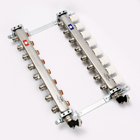 Коллекторная группа 1 Uni-Fitt 451A нерж. сталь 7 выходов 3/4 с регулировочными и термостатическими вентилями с авт.воздухоотводчиком