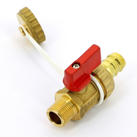 Кран шаровой сливной UNI-FITT НН 3/8 x 3/4 со штуцером и заглушкой, флажок красный металл