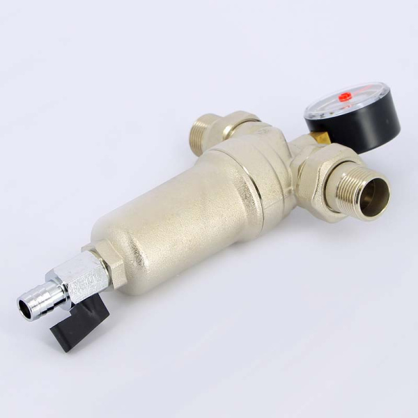 Фильтр промывной с манометром, с разъемными соединениями, латунной колбой TIEMME 3/4