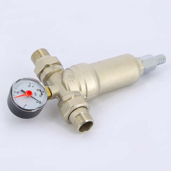 Фильтр промывной с манометром, с разъемными соединениями, латунной колбой TIEMME 3/4