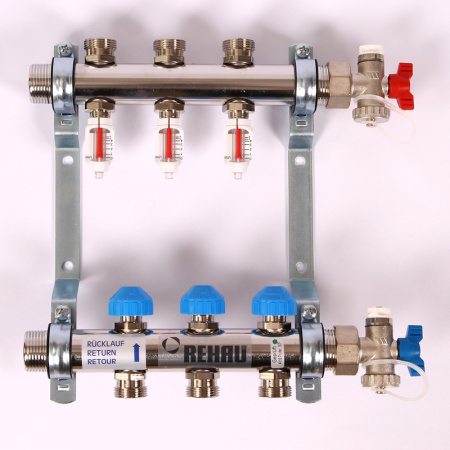 Коллекторная группа из нержавеющей стали с термостатическими вентилями и расходомерами REHAU 1x3/4 3 выхода
