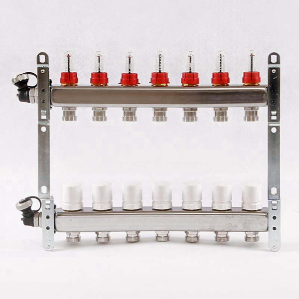Коллекторная группа из нержавеющей стали с термостатическими вентилями и расходомерами UNI-FITT 1x3/4ЕК 7 выходов