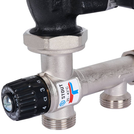 STOUT  Насосно-смесительный узел с термостатическим клапаном 20-43°C жидкокристаллическим термометром, с насосом UPSO 25-65, 130 mm