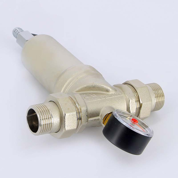 Фильтр промывной с манометром, с разъемными соединениями, латунной колбой TIEMME 1