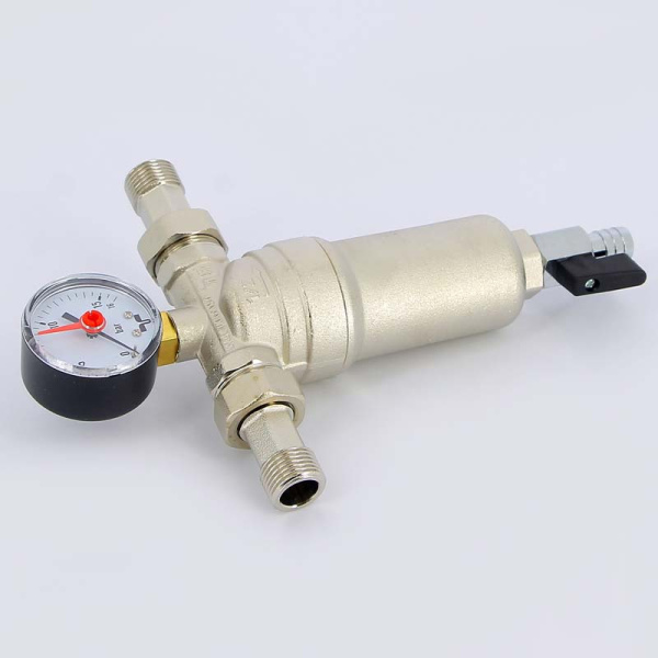 Фильтр промывной с манометром, с разъемными соединениями, латунной колбой TIEMME 1/2