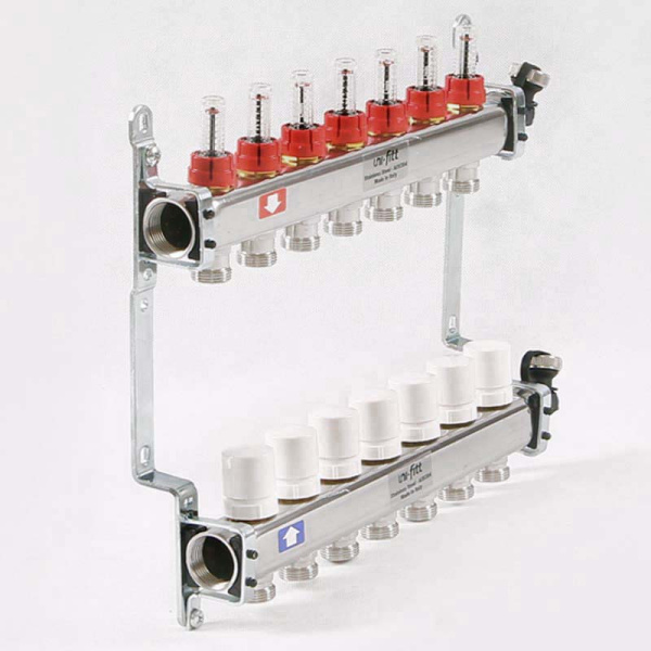 Коллекторная группа из нержавеющей стали с термостатическими вентилями и расходомерами UNI-FITT 1x3/4ЕК 7 выходов