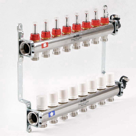 Коллекторная группа 1 Uni-Fitt 450A нерж. сталь 13 выходов 3/4 с расходомерами и термостатическими вентилями с авт.воздухоотводчиком