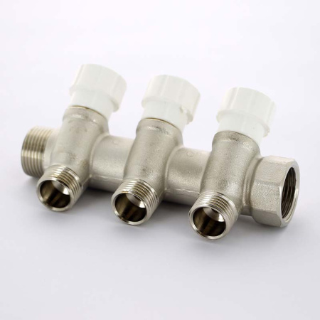 Коллектор НВ 3/4 с вентилями никелированный UNI-FITT 3 выхода 1/2Н 40мм