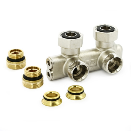 Узел радиаторный со встроенными вентилями UNI-FITT угловой перекрёстный НВ 3/4 х 3/4ЕК с ниппелями и адаптером