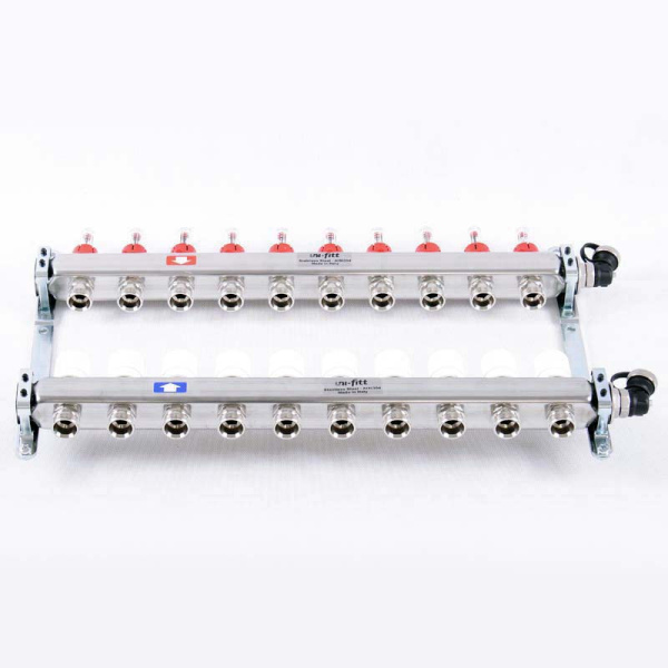 Коллекторная группа из нержавеющей стали с термостатическими вентилями и расходомерами UNI-FITT 1x3/4ЕК 10 выходов Коллекторная группа из нержавеющей стали с термостатическими вентилями и расходомерами UNI-FITT 1x3/4ЕК 10 выходов