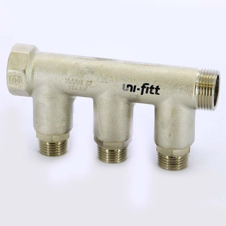Коллектор НВ 3/4 с кранами никелированный UNI-FITT 3 выхода 1/2Н 40мм