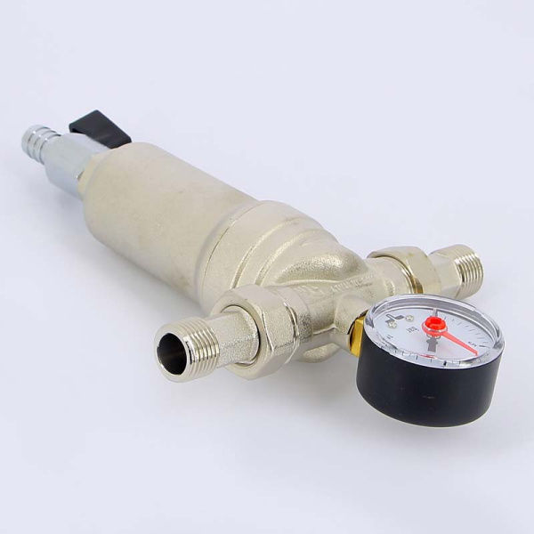 Фильтр промывной с манометром, с разъемными соединениями, латунной колбой TIEMME 1/2