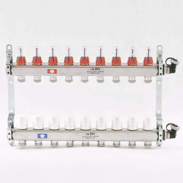 Коллекторная группа из нержавеющей стали с термостатическими вентилями и расходомерами UNI-FITT 1x3/4ЕК 9 выходов Коллекторная группа из нержавеющей стали с термостатическими вентилями и расходомерами UNI-FITT 1x3/4ЕК 9 выходов