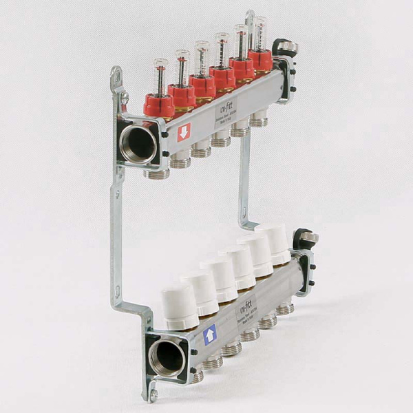 Коллекторная группа из нержавеющей стали с термостатическими вентилями и расходомерами UNI-FITT 1x3/4ЕК 6 выходов Коллекторная группа из нержавеющей стали с термостатическими вентилями и расходомерами UNI-FITT 1x3/4ЕК 6 выходов
