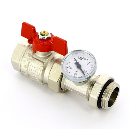 Кран шаровой НВ полнопроходной бабочка Uni-Fitt с разъемным соединением, термометром для коллекторных групп
