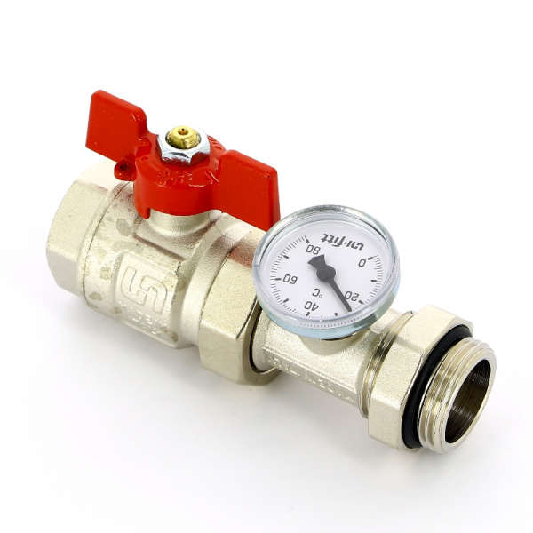 Кран шаровой НВ полнопроходной бабочка Uni-Fitt с разъемным соединением, термометром для коллекторных групп