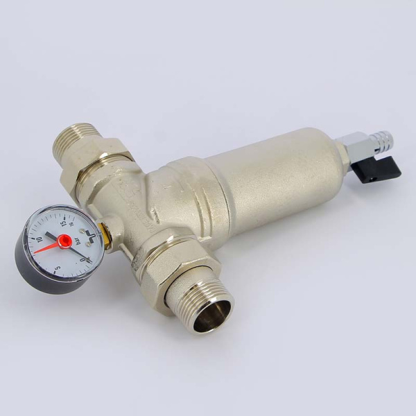 Фильтр промывной с манометром, с разъемными соединениями, латунной колбой TIEMME 1