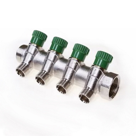 Коллектор НВ 3/4 никелированный с вентилями Uni-Fitt 3 выхода под 90° 1/2Н 50 мм под плоскую прокладку