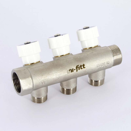 Коллектор НВ 3/4 с вентилями никелированный UNI-FITT 3 выхода 1/2Н 40мм под плоскую прокладку