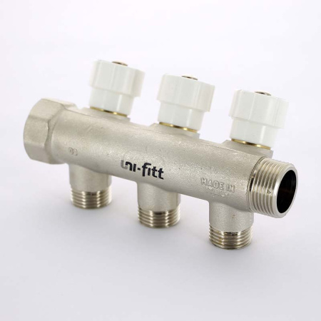 Коллектор НВ 3/4 с вентилями никелированный UNI-FITT 3 выхода 1/2Н 40мм