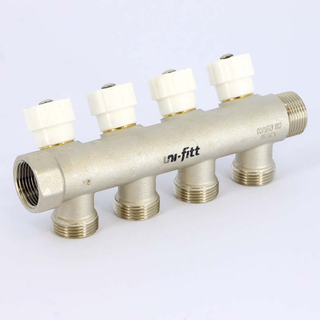 Коллектор НВ 3/4 с вентилями никелированный UNI-FITT 4 выхода 3/4ЕК 40мм