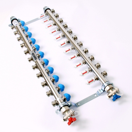 Коллекторная группа из нержавеющей стали с термостатическими вентилями и расходомерами REHAU 1x3/4ЕК 11 выходов