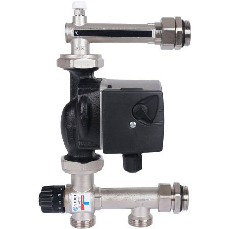 STOUT  Насосно-смесительный узел с термостатическим клапаном 20-43°C жидкокристаллическим термометром, с насосом UPSO 25-65, 130 mm